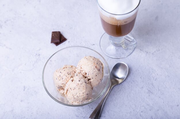 Homemade ice cream with chocolate chips in a bowl