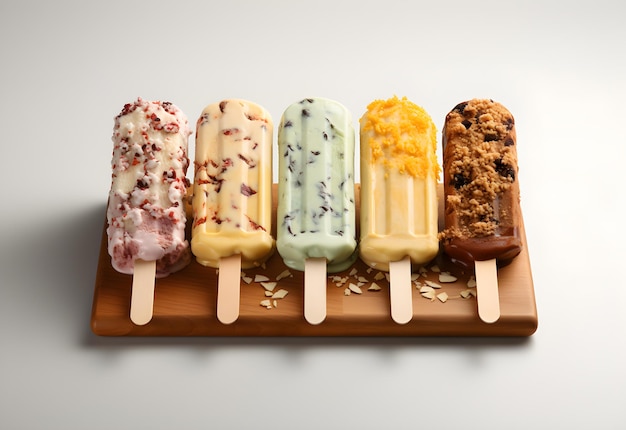 Homemade ice creams with different toppings on a wooden board