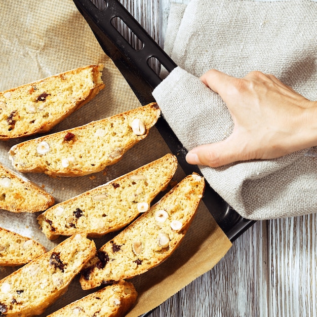 Homemade Italian biscotti cookies baked in an oven