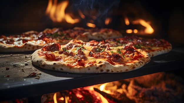 Photo homemade italian pizzas cooking in a woodfired oven in a restaurant