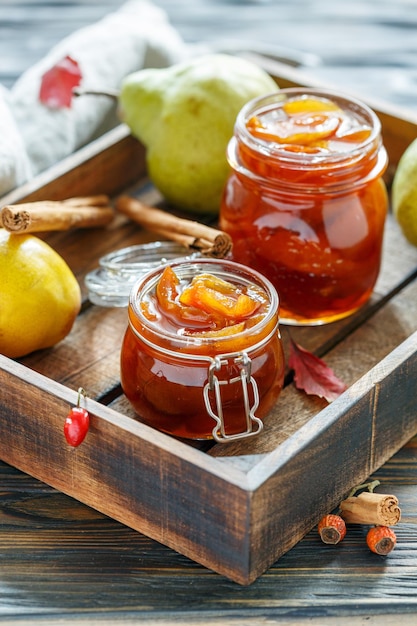 Homemade jam from pears in glass jars