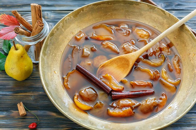 Homemade jam from pears with cinnamon