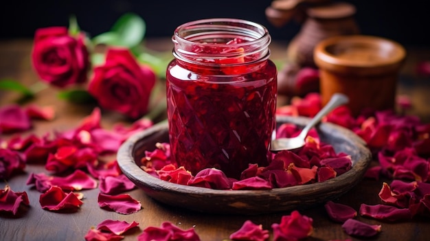 Homemade jam from rose petals on a wooden background Selective focus