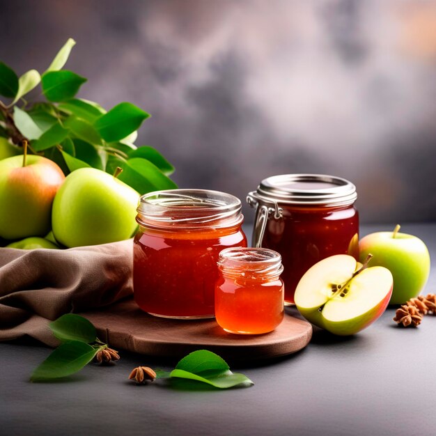 Homemade jam in a glass jar and fresh green apples on a dark background