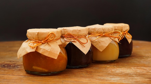 Homemade jam selective focus Jars with marmalade confiture Sweet dessert