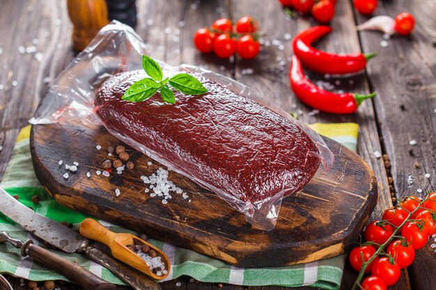 homemade jerky meat, basturma whole and in pieces, on a kitchen cutting board, dark and moody