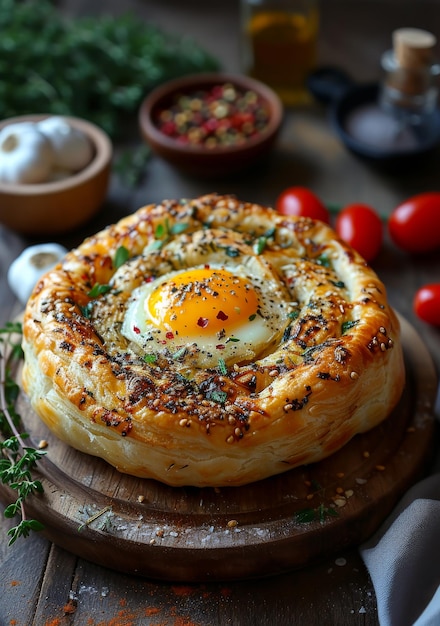 Photo homemade khachapuri with egg and tomatoes on wooden table