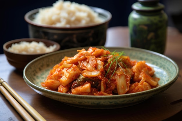 Homemade kimchi on a plate served with rice