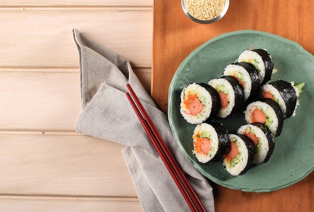 Homemade korean rice roll or kimbap with vegetbale and\
crabstick