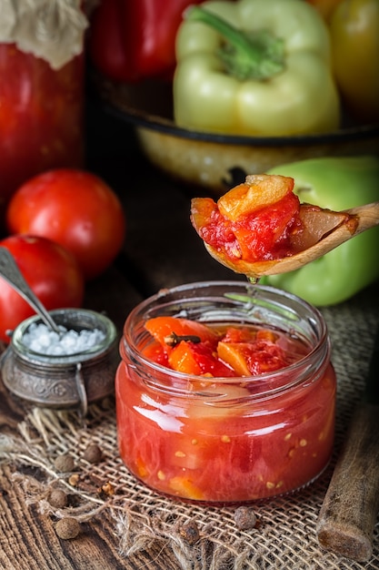 Homemade lecho with red pepper and tomatoes.