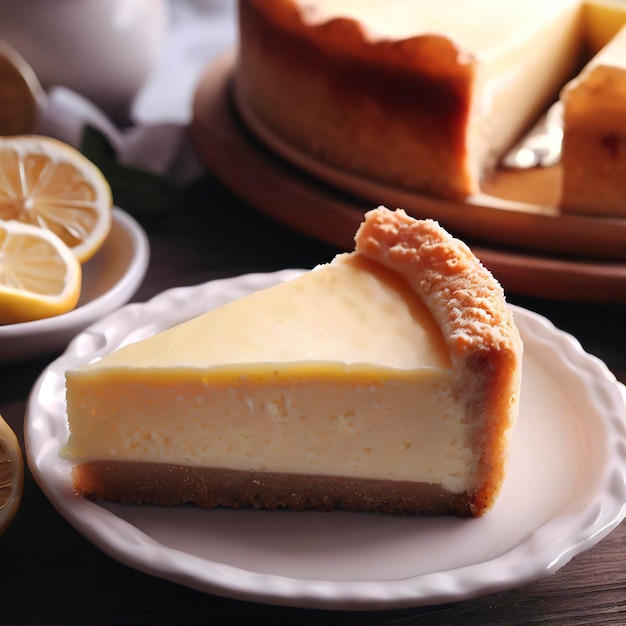 Homemade lemon cheesecake and piece of pie on plate