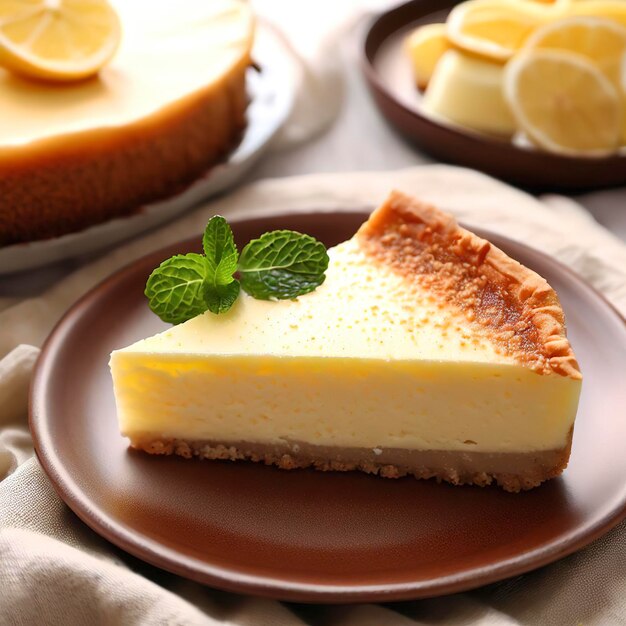 Homemade lemon cheesecake and piece of pie on plate