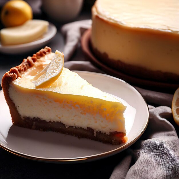 Homemade lemon cheesecake and piece of pie on plate