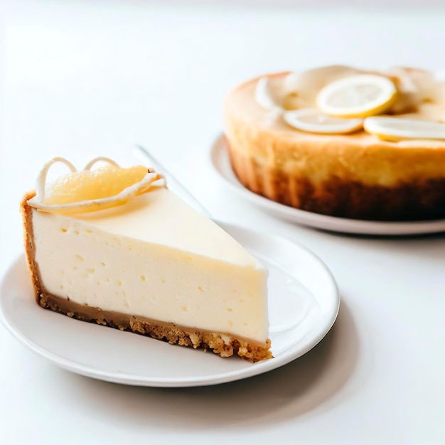 Homemade lemon cheesecake and piece of pie on white background