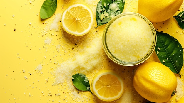Homemade lemon peel and sugar lip scrub in small bowl and ingredients
