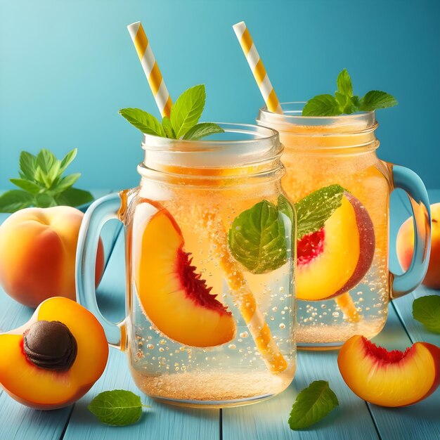 Homemade lemonade prepared with crisp fresh mint and juicy peaches