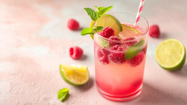 Homemade lemonade with fresh raspberries and lime in a glass with a straw Generative Ai