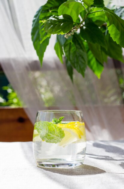 배경에 녹색 잎이 있는 유리에 레몬 민트와 얼음 조각을 넣은 홈메이드 레모네이드
