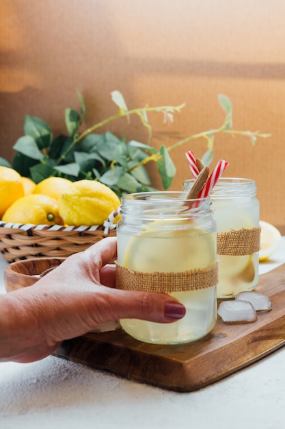 Homemade lemonade with sugar.