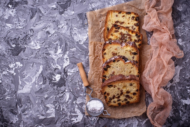 Homemade loaf cake with raisins