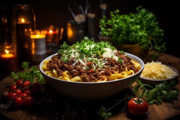 Homemade macaroni bolognese with cheese