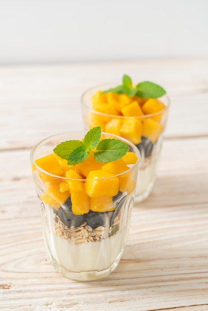 Mango e mirtilli fatti in casa con yogurt e muesli