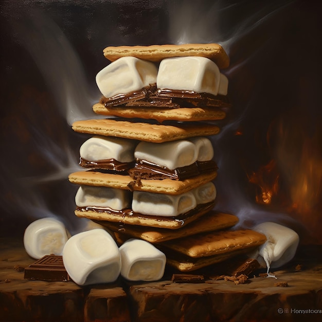 Photo homemade marshmallow s'mores with chocolate on crackers artificial intelligence
