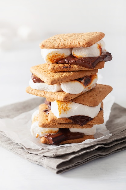 Homemade marshmallow s'mores with chocolate on crackers