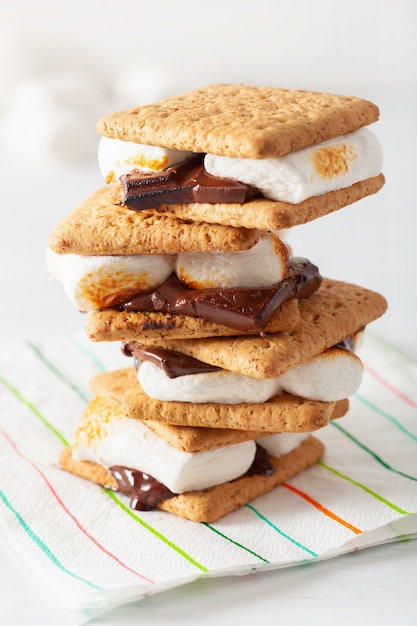 Homemade marshmallow s'mores with chocolate on crackers