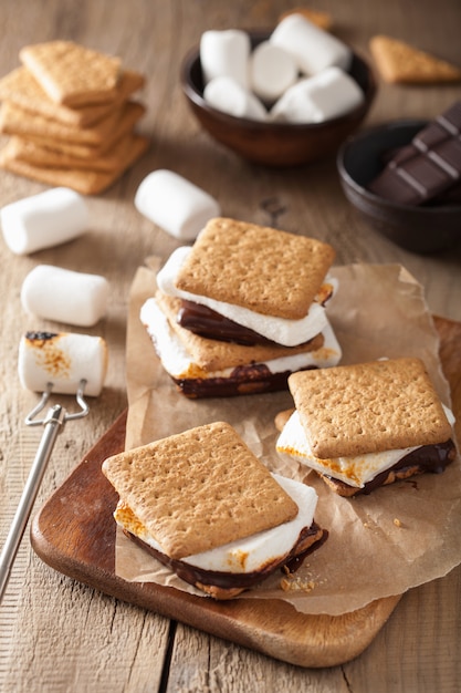 Homemade marshmallow s'mores with chocolate on crackers