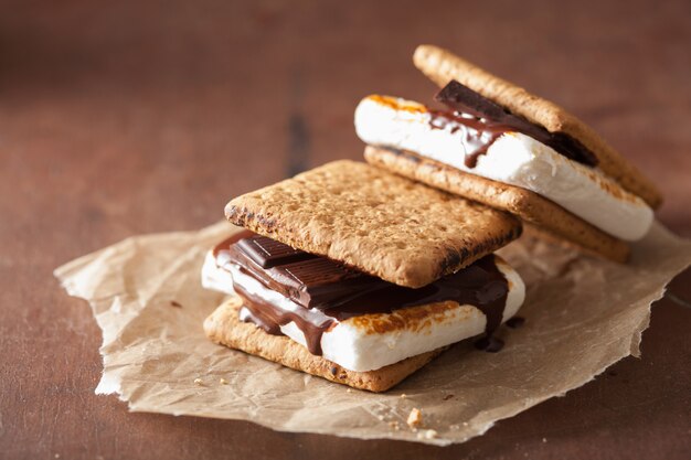 Homemade marshmallow s'mores with chocolate on crackers