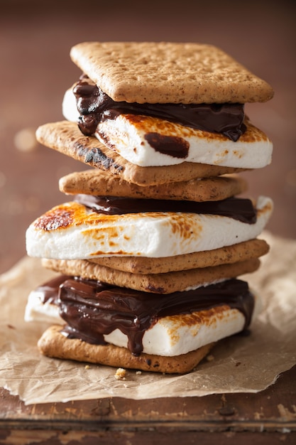 Homemade marshmallow s'mores with chocolate on crackers