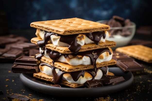 Homemade marshmallow s39mores with chocolate on crackers