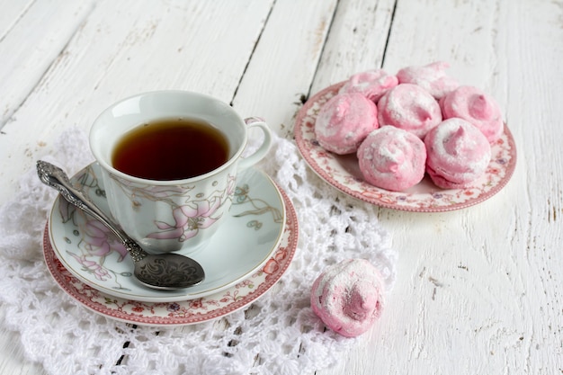 Homemade marshmallows  zephyr with cup of tea 