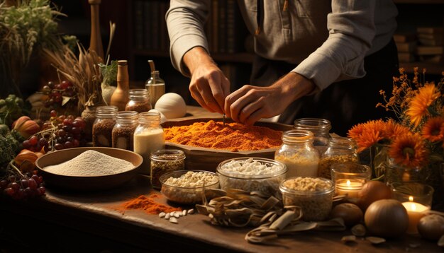 Foto pasto fatto in casa preparato con ingredienti freschi su tavolo rustico in legno generato dall'intelligenza artificiale