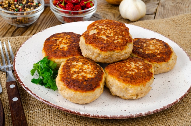 Homemade meat cutlets on wooden table.