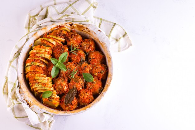 Polpette fatte in casa con salsa di pomodoro in un piatto bianco al forno con erbe