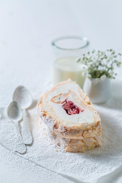 Homemade meringue cake made of fresh strawberry