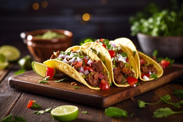 Homemade mexican taco with beef guacamole and fresh cilantro