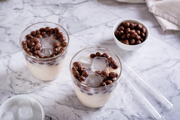 Homemade milk bubble tea with ice in glasses on the table