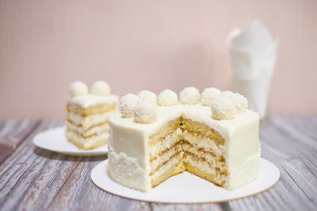 Homemade milk cake with coconut filling