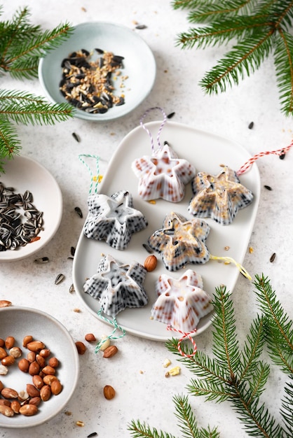 Homemade mini Christmas star shaped cakes bird feeder for hanging in the garden