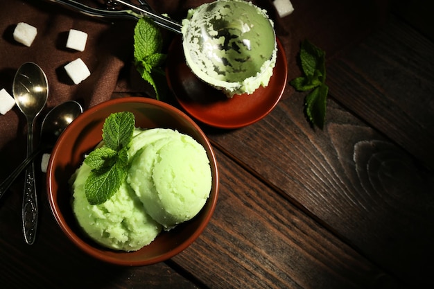 homemade mint icecream on dark wooden background