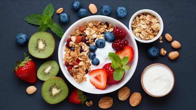 Homemade muesli bowl of oat granola with yogurt fresh blueberries mulberry strawberries kiwi