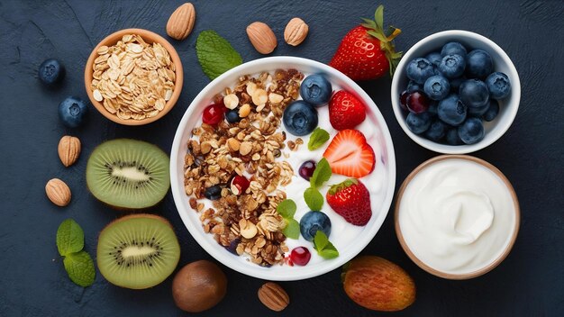 Homemade muesli bowl of oat granola with yogurt fresh blueberries mulberry strawberries kiwi