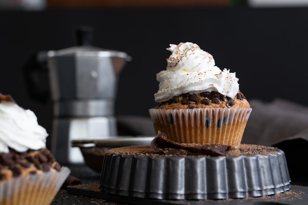 Homemade muffins with coffee and cinnamon