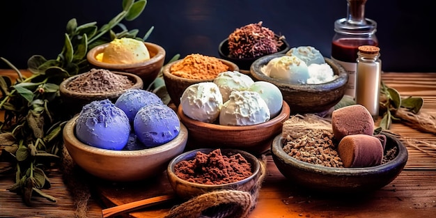 Homemade natural cosmetics such as lip balms body butters and bath bombs using ingredients like shea butter cocoa butter and essential oils Generative AI