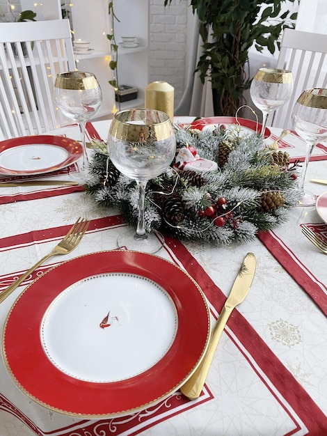 Homemade New Year's holiday table setting, family holiday concept