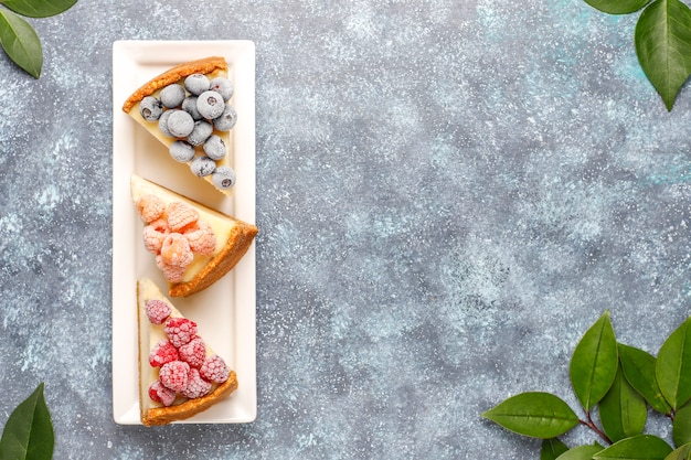 냉동 딸기와 민트, 건강한 유기농 디저트, 평면도와 홈 메이드 뉴욕 치즈 케이크