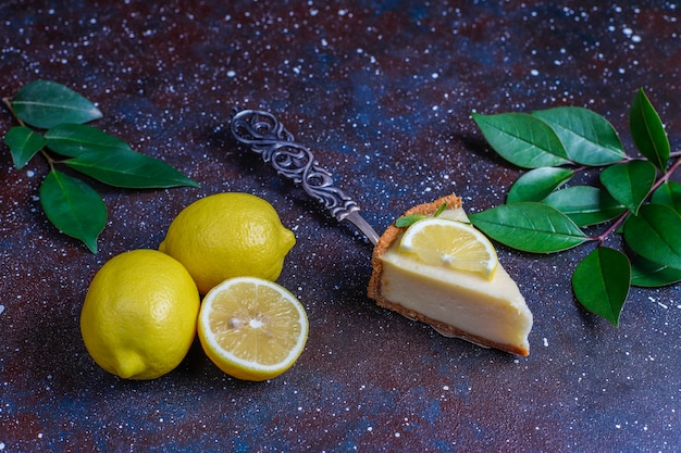 Homemade newyork cheesecake with lemon and mint,healthy organic  dessert,top view